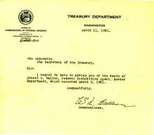 Death Letter from the Treasury Department - Earnest Walter Walker