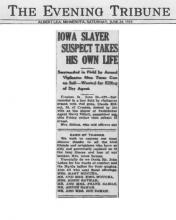 Image of newspaper article in The Evening Tribue, dated June 24, 1933, with headline: Iowa Slayer Suspect Takes His Own Life