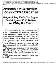 Image of the New York Times newspaper article, dated December 9, 1927, titled Prohibition Informer Convicted of Murder