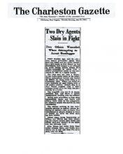 Image of newpaper article from The Charleston Gazette, dated July 29, 1931, with headline: Two Dry Agents Slain in Fight