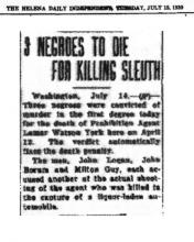 Image of The Helena Daily Independent newspaper article, dated July 15, 1930, with the headline, 3 Negroes to Die for Killing Sleuth
