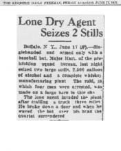 Image of The Kingston Daily Freeman newspaper article, dated June 17, 1927, titled Lone Dry Agent Seizes 2 Stills