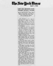 Image of the New York Times newspaper article, dated April 7, 1936, with the headline, Dry Era Murder Clue Found After 6 Years