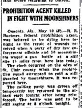 Image of a newspaper article with headline - Prohibition Agent Killed in Fight with Moonshiners