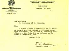 Picture of the death announcement from the Treasury Department regarding Richard Griffin.
