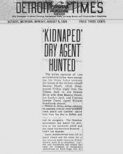 Image of the Detroit Times newspaper article, dated August 5, 1929, with the headline, Kidnaped Dry Agent Hunted