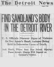 Image of the Detroit News article's header, dated August 7, 1929, with the headline, Find Sandland's Body in the Detroit River