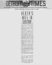 Image of the Detroit Times newspaper article, dated August 8, 1929, with the headline, Heath's Wife in Custody