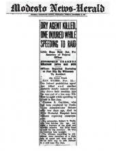 Image of the Modesto News-Herald newspaper article with the headline, Dry Agent Killed, One Injured While Speeding to Raid