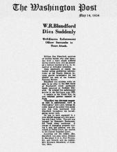 Image of newspaper article in The Washington Post, dated May 14, 1934, with headline: W.R. Blandford Dies Suddenly