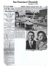 Image of newspaper article in San Francisco Chronicle, dated, November 17, 1932, with headline: Crash Kills S.F. Dry Aid, One Injured