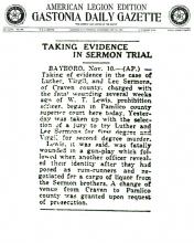 Image of The Gastonia Daily Gazette newspaper article, with headline, Taking Evidence in Sermon Trial