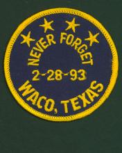Commemorative patch with four stars and the phrase Never Forget, 2-28-93, Waco, Texas