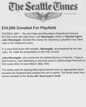 The Seattle Times article, dated March 22, 1995, with the headline $10,000 Donated for Playfield