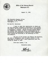 Letter from Attorney General Robert Kennedy to Secretary of the Treasury Douglas Dillon thanking him for the services of the Alcohol and Tobacco Division personnel who assisted during the Montgomery, Alabama disturbances.
