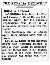 The Sedalia Democrat article about Earl Harrouff car accident