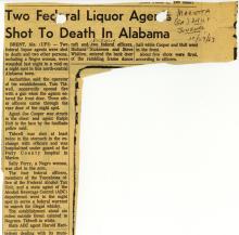 Newspaper article with headline, Two Federal Liquor Agents Shot to Death in Alabama
