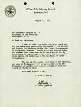 Carta del Fiscal General Robert Kennedy al Secretario del Tesoro Douglas Dillon agradeciéndole por los servicios del personal de la División de Alcohol y Tabaco que ayudó durante los disturbios de Montgomery, Alabama.