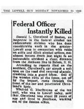 Newspaper article from The Lowell, dated November 23, 1936, with headline: Federal Officer Instantly Killed
