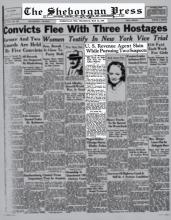 Newspaper article from The Sheboggan Press with headline: Convicts Flee With Three Hostages