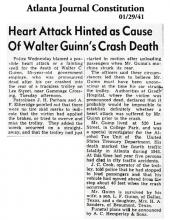 Newspaper article in Atlanta Journal Constitution, dated January 1, 1941, with headline: Heart Attack Hinted as Cause of Walter Guinn's Crash Death