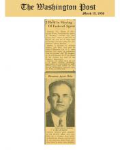 Artículo periodístico de The Washington Post, fechado el 10 de marzo de 1938, con el titular: Dos detenidos por asesinato de agente federal