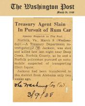 Artículo periodístico de The Washington Post, fechado el 9 de marzo de 1938, con el titular: Agente del Tesoro asesinado en busca de coche de ron
