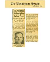 Artículo periodístico de The Washington Herald, fechado el 3 de marzo de 1938, con el titular: Agente estadounidense asesinado por pareja de contrabandistas en persecución de coches