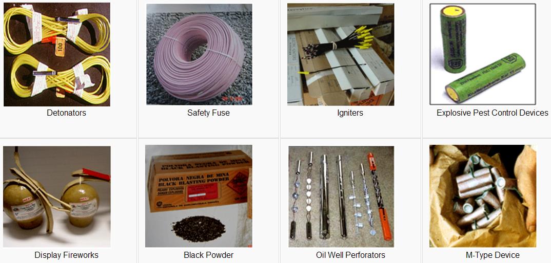 Explosive devices and items including detonators, safety fuses, igniters, explosive pest control devices, display fireworks, black powder, oil well perforators, and M-Type devices