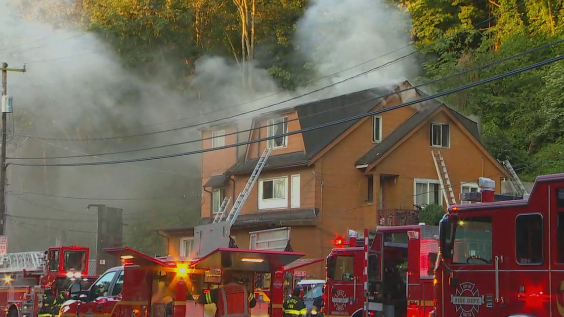 A building surrounded by firetrucks and smoke