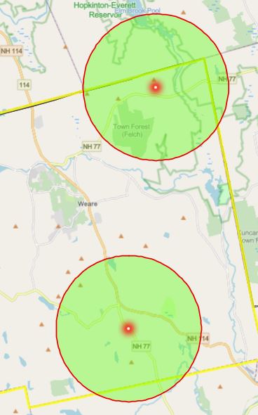 Screenshot of a map with two locations highlighted and circled.