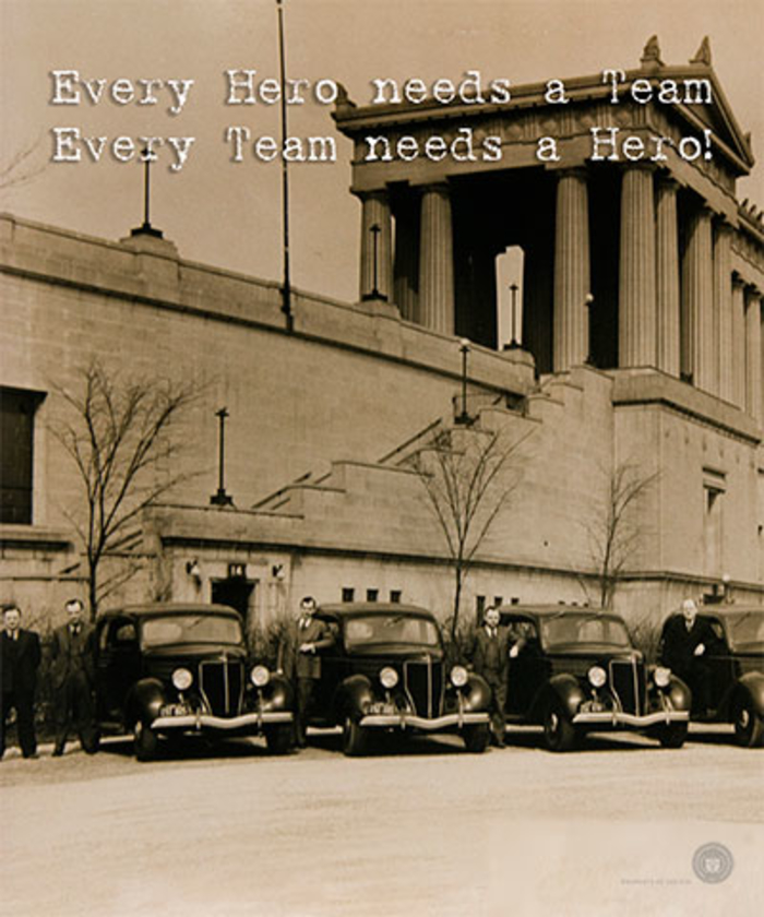 Four Agents posing next to their cars. Caption: Every hero needs a team. Every team needs a hero!