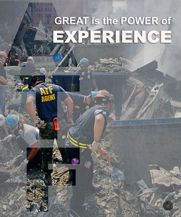 ATF Team investigating a burned building. Caption: Great is the power of experience