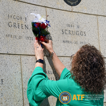 Agent Jacob Green's granddaughter, Juanita Green Hollinghead, visits the ATF Memorial Wall