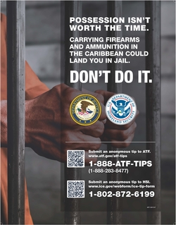 ATF I 3317.9 FvCARICOM Anti-Firearms Trafficking Campaign Poster: Person in an orange jumpsuit holding onto jail cell bars