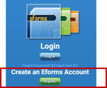 Screenshot of the account registration button on the eForms website.